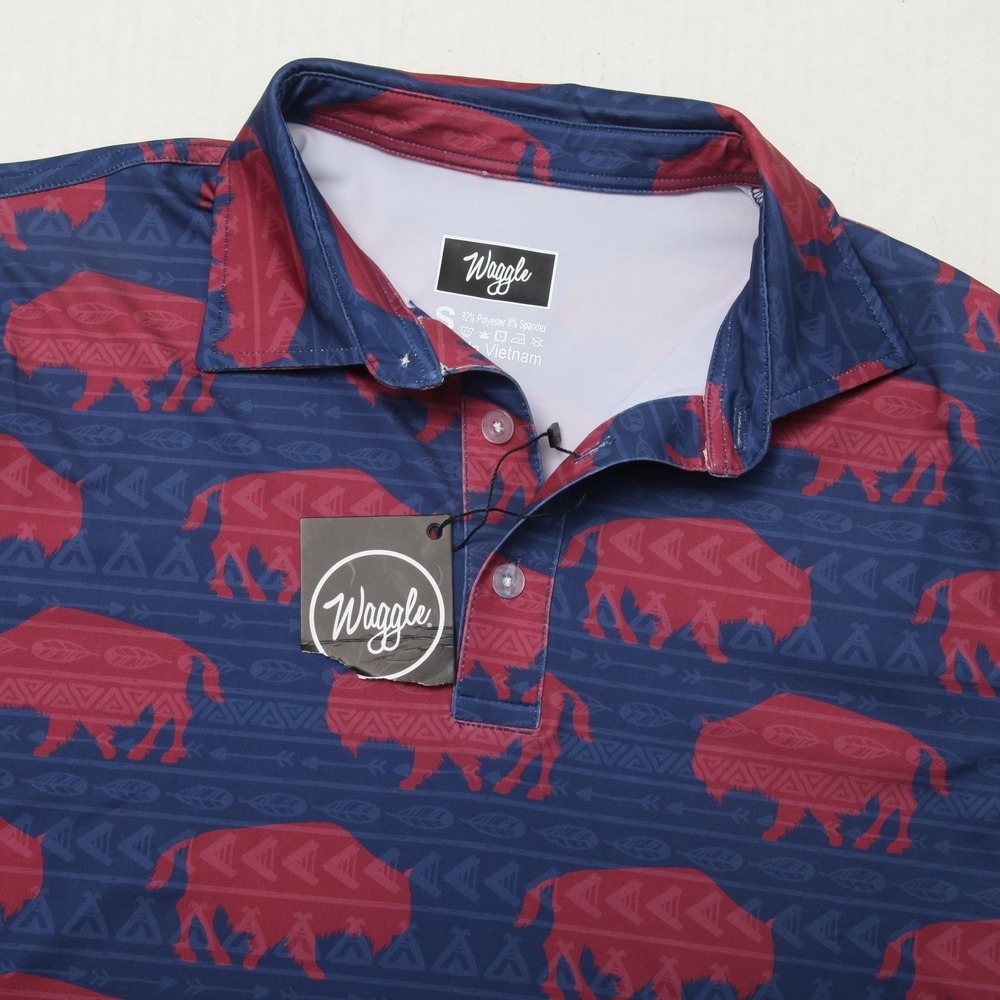Waggle Polo Shirt Mens Small Blue Buffalo Allover Print Golf Performance Stretch